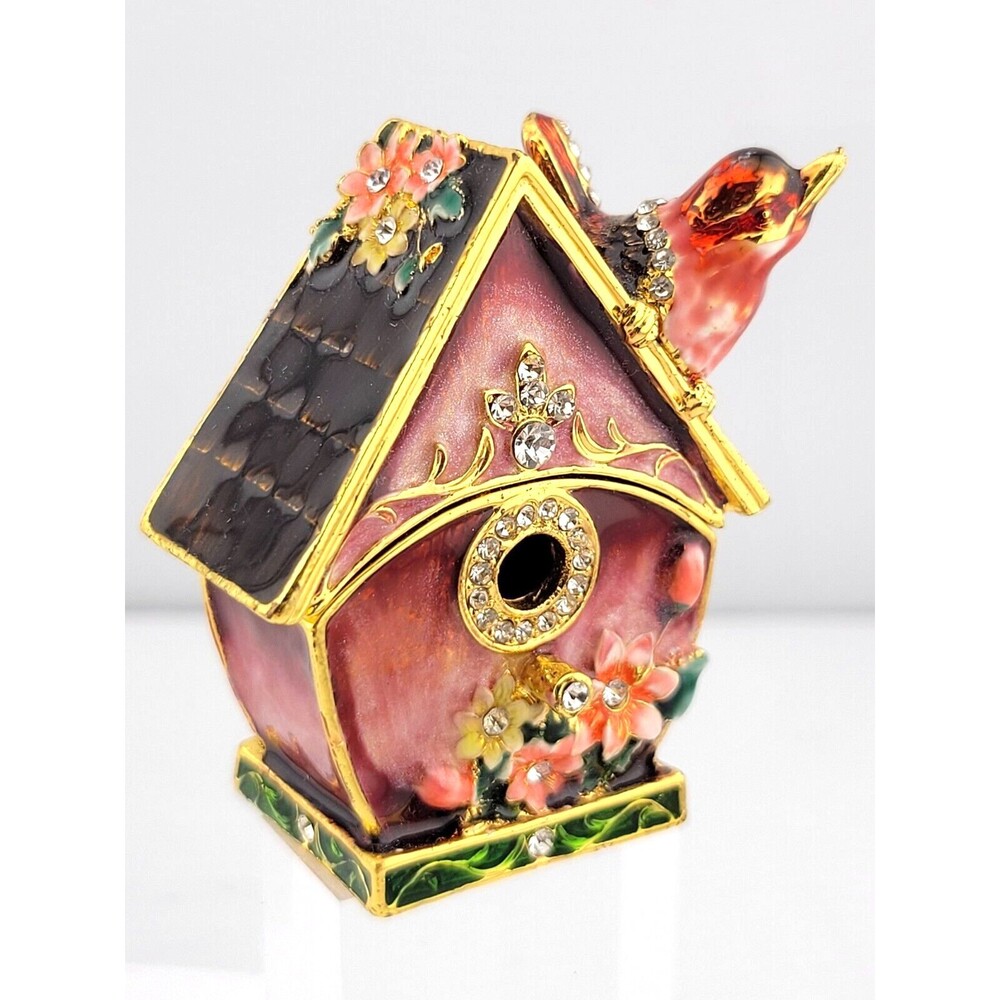 Ciel Collectables Bird House Cardinal Rhinestone Enamel Pill Dresser Trinket Box